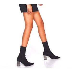 Zara Black Sock Boots Mirrored Silver Block Heel Size 11